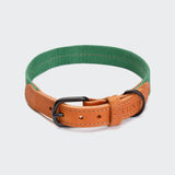 CLOUD7_ Das Hundehalsband Madeira Amber besteht aus grünem Stoff und hellbraunem, pflanzlich gegerbtem Leder mit sichtbaren Nähten, einer schwarzen Metallschnalle und der Prägung "CLOUD" auf dem Leder. Abgebildet auf einem hellgrauen Hintergrund.