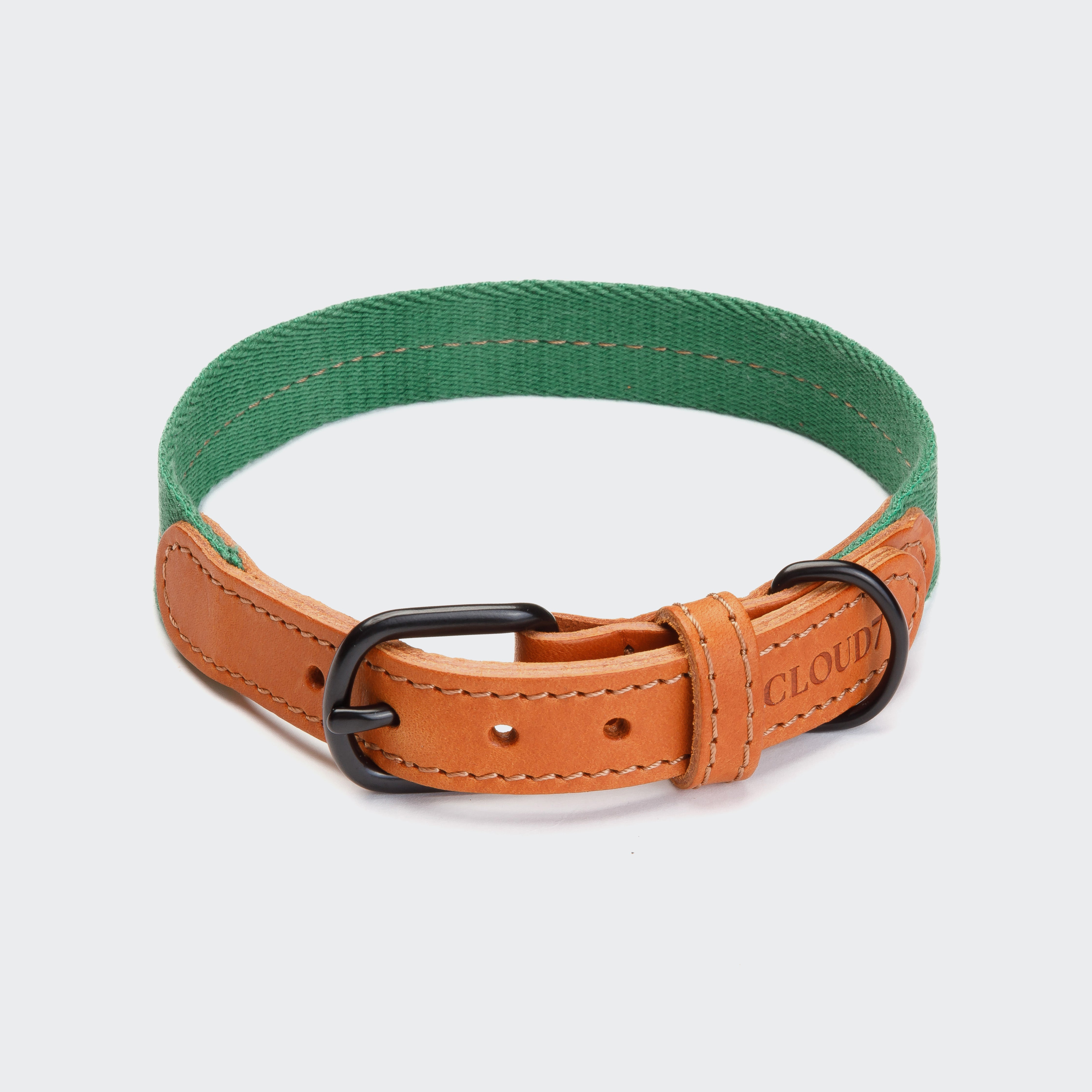 CLOUD7_ Das Hundehalsband Madeira Amber besteht aus grünem Stoff und hellbraunem, pflanzlich gegerbtem Leder mit sichtbaren Nähten, einer schwarzen Metallschnalle und der Prägung "CLOUD" auf dem Leder. Abgebildet auf einem hellgrauen Hintergrund.