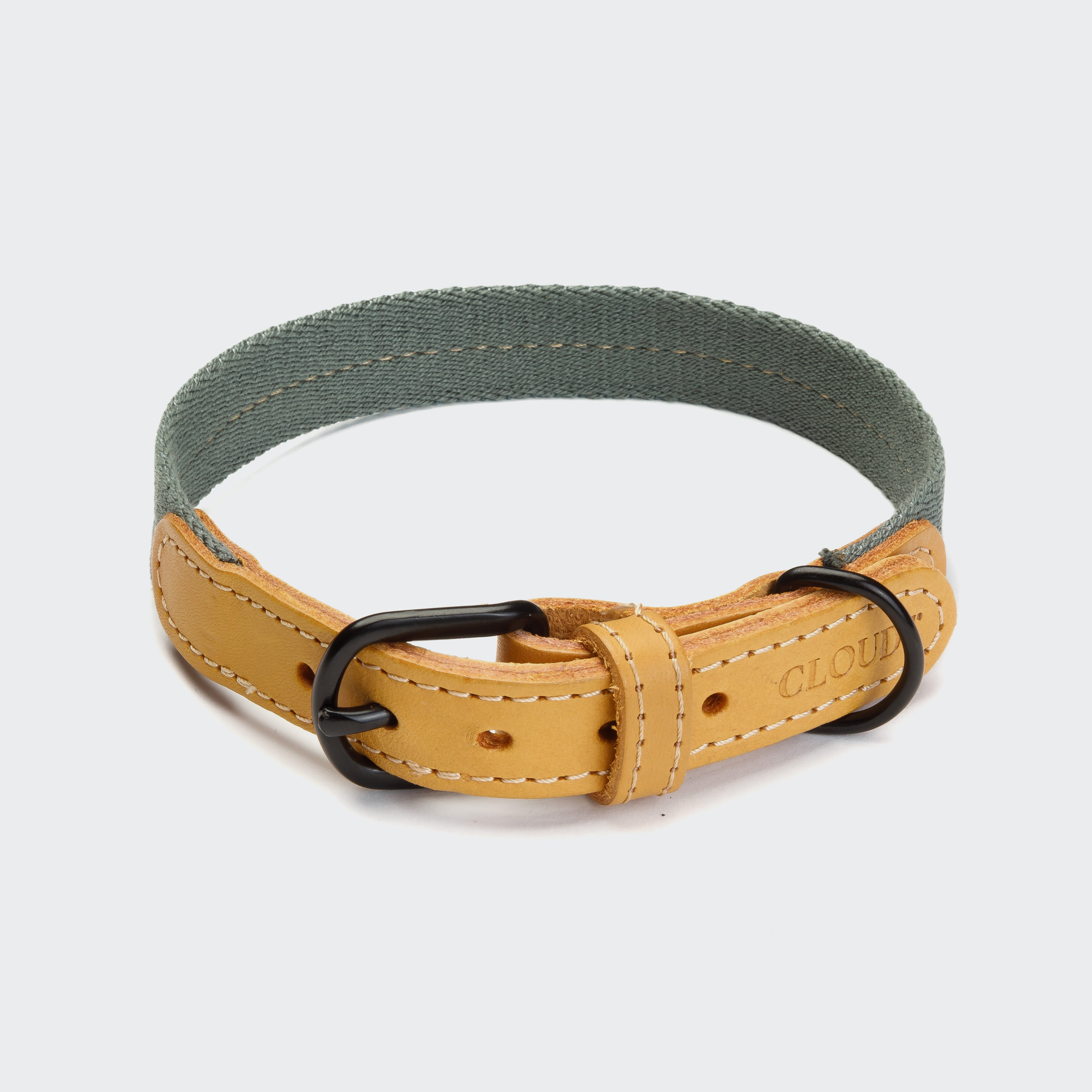CLOUD7_ Das Hundehalsband Madeira Biscuit aus grauem Baumwollband mit vegetabil gegerbtem Leder, schwarzer Metallschnalle und CLOUD-Prägung liegt kreisförmig auf weißem Hintergrund.