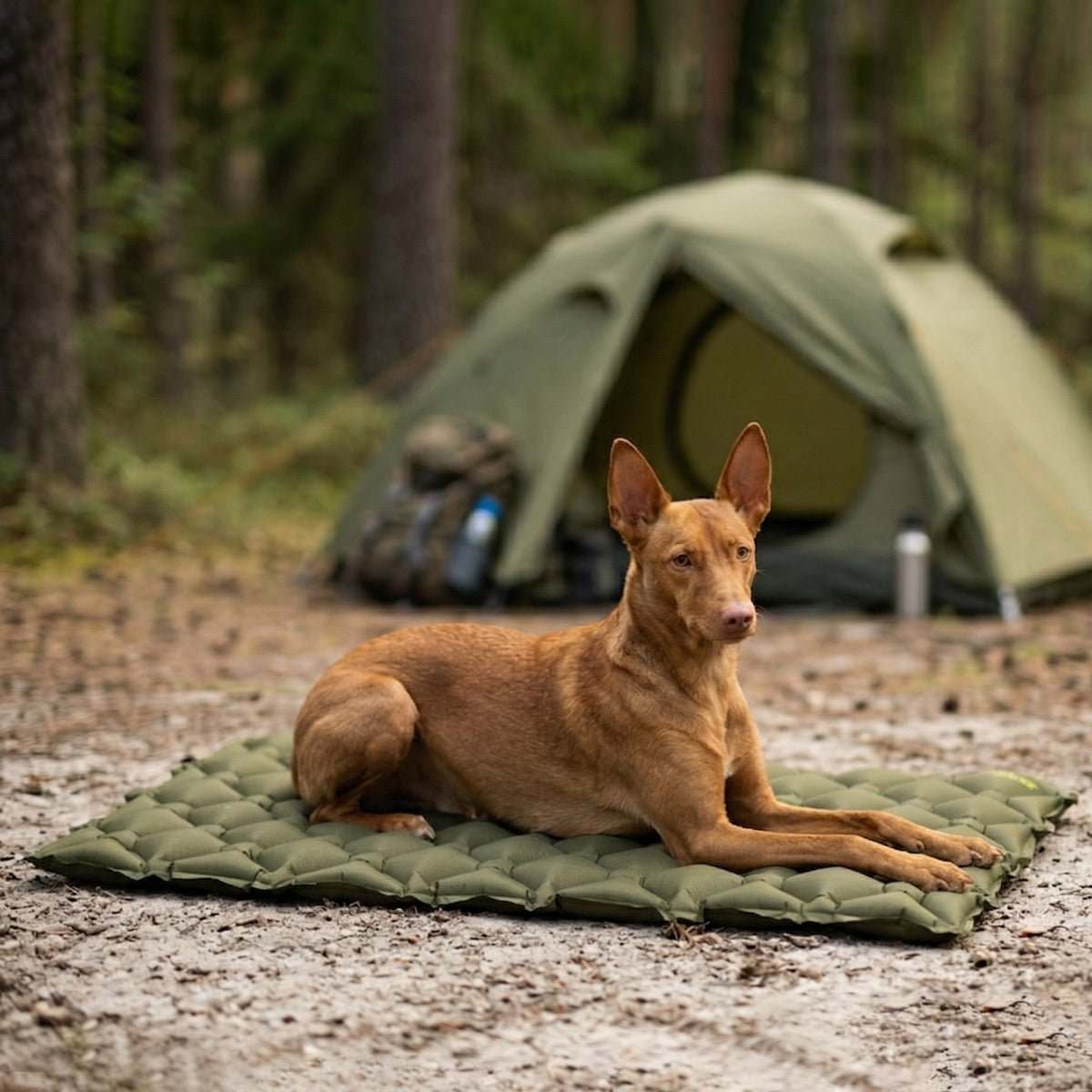 CLOUD7_ Ein brauner Hund mit aufgestellten Ohren liegt auf einer grünen Matte vor einem grünen Campingzelt und Campingausrüstung in einer Waldlandschaft.