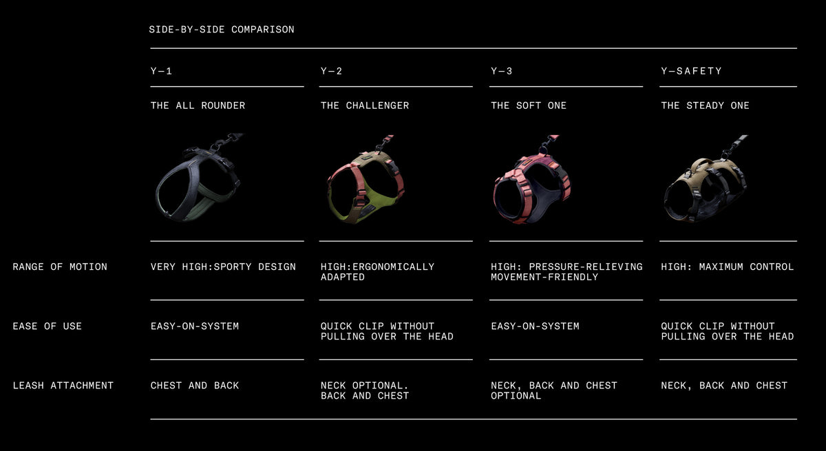 CLOUD7_ Vier Hundegeschirre (Y-1, Y-2, Y-3, Y-Safety) werden hinsichtlich sportlichem Design, ergonomischen Eigenschaften, Komfort, Sicherheit, Befestigungspunkten und Benutzerfreundlichkeit nebeneinander verglichen, wobei die jeweiligen Merkmale jedes Geschirrs hervorgehoben werden.