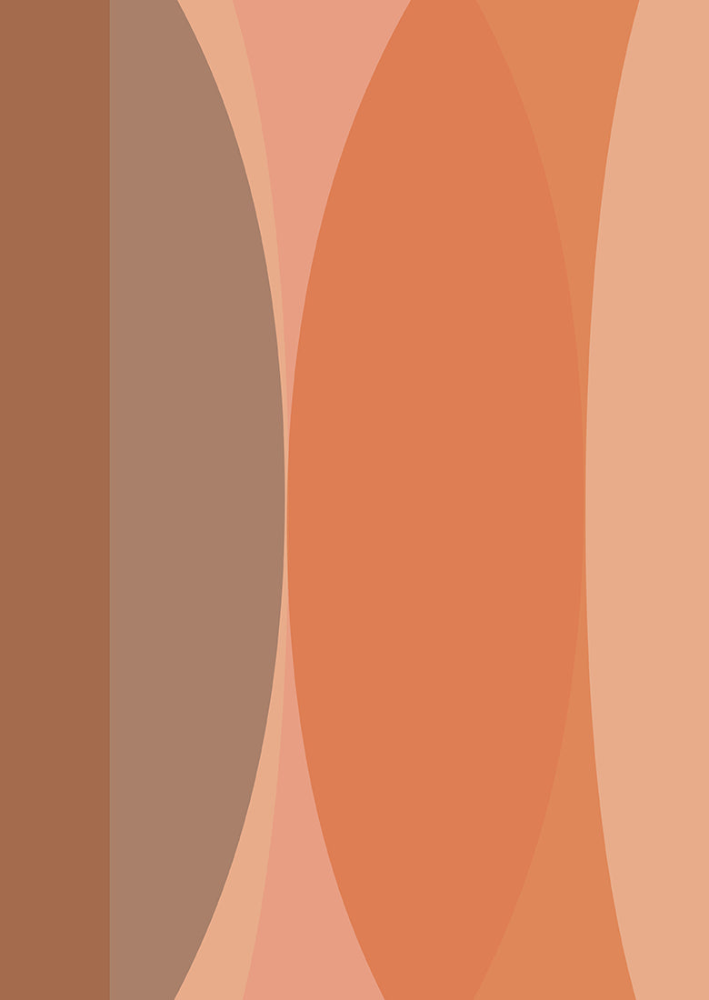 CLOUD7_ Abstrakte geometrische Kunst mit sich überlappenden vertikalen Formen in warmen Braun-, Beige-, Pfirsich- und Orangetönen. Große geschwungene Formen und gerade Linien bilden ein symmetrisches Muster im Retro-Stil.