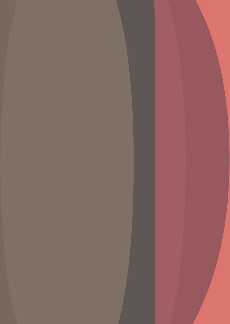 CLOUD7_ Abstraktes Bild mit großen, sich überlappenden vertikalen Ovalen in Braun-, Mauve- und Rosatönen vor einem korallenfarbenen Hintergrund. Die Formen ergeben ein vielschichtiges, minimalistisches Design.