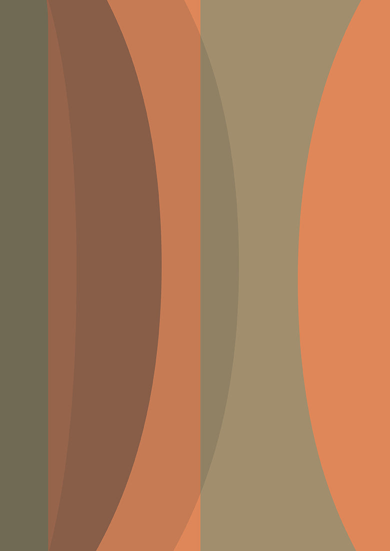 CLOUD7_ Ein abstraktes geometrisches Design mit sich überlappenden vertikalen Streifen und Halbkreisen in Braun-, Beige- und Orangetönen, das ein vielschichtiges, symmetrisches Muster mit weichen, geschwungenen Linien und gedeckten Erdtönen bildet.