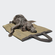 CLOUD7_ Ein langhaariger schwarz-grauer Hund liegt auf einem Hundereisebett & Tote Bag AKTIV Puffer Dark Grey/Khaki mit Henkeln und schaut zur Seite vor einem schlichten weißen Hintergrund.
