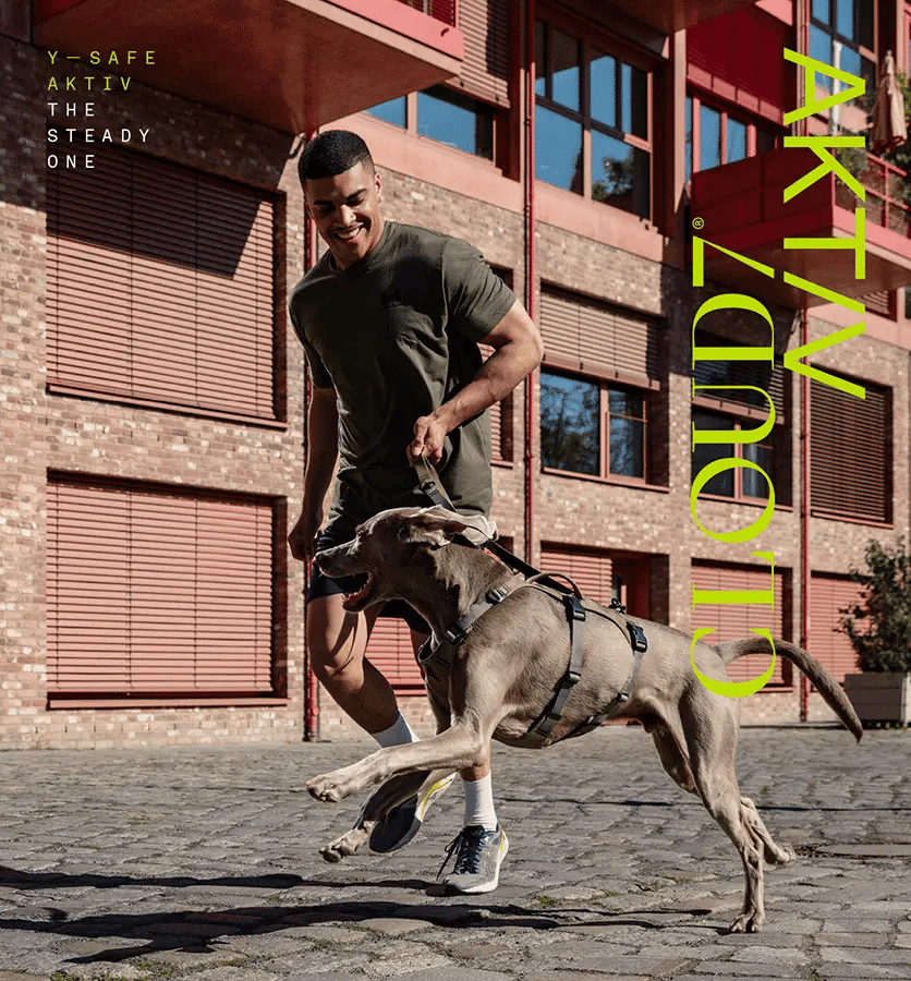 Animated GIF showing dogs and their owners in motion wearing the Safety harness