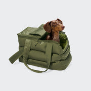 Ein brauner Dackel sitzt in einer offenen, grünen, gepolsterten Hundetasche „Montreal 2.0 Light Olive“ mit Tragegriffen vor einem einfarbigen hellgrauen Hintergrund.