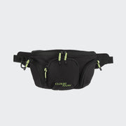 CLOUD7_ Die Gürteltasche AKTIV Black hat neongrüne Reißverschlüsse und eine "CLOUDY AZLV"-Stickerei auf der Vordertasche, die sich perfekt für das Hundetraining eignet, auf einem hellgrauen Hintergrund.