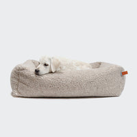 CLOUD7_ Ein weißer Welpe entspannt sich auf dem Hundebett Sleepy Deluxe Teddy mit waschbarem Bettbezug in sanftem, hellem Beige, vor einem schlichten, hellen Hintergrund.
