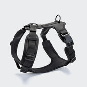CLOUD7_ Das Y-3 Geschirr AKTIV Softshell Black ist ein schwarzes Neopren-Hundegeschirr mit ergonomischer Passform, verstellbaren Riemen, seitlichen Schnallen und zwei Befestigungsringen, abgebildet auf einem schlichten hellgrauen Hintergrund.