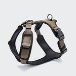 CLOUD7_ Das Y-3 Geschirr AKTIV Softshell Olive verfügt über verstellbare Gurte, gepolstertes Brust- und Rückenteil, zwei schwarze Schnallen und Leinenringe aus Metall. Es wird auf einem schlichten hellgrauen Hintergrund angezeigt.