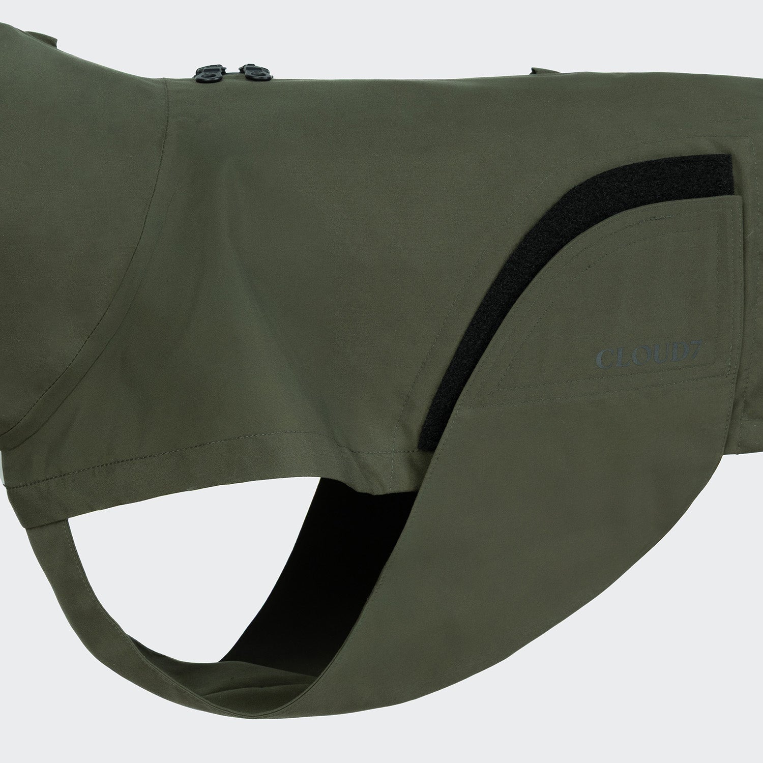 Detail image of dog raincoat in dark green