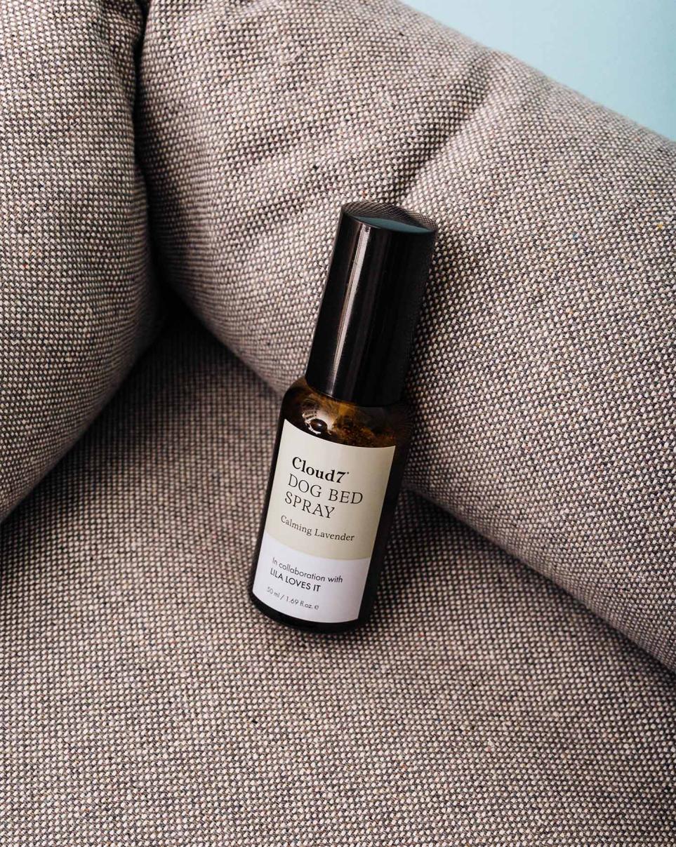 CLOUD7_ Eine kleine Flasche „Cloud7 Dog Bed Spray“ mit beruhigendem Lavendelduft steht auf einem Sofa aus grauem, strukturiertem Stoff in der Ecke der Sitzecke.