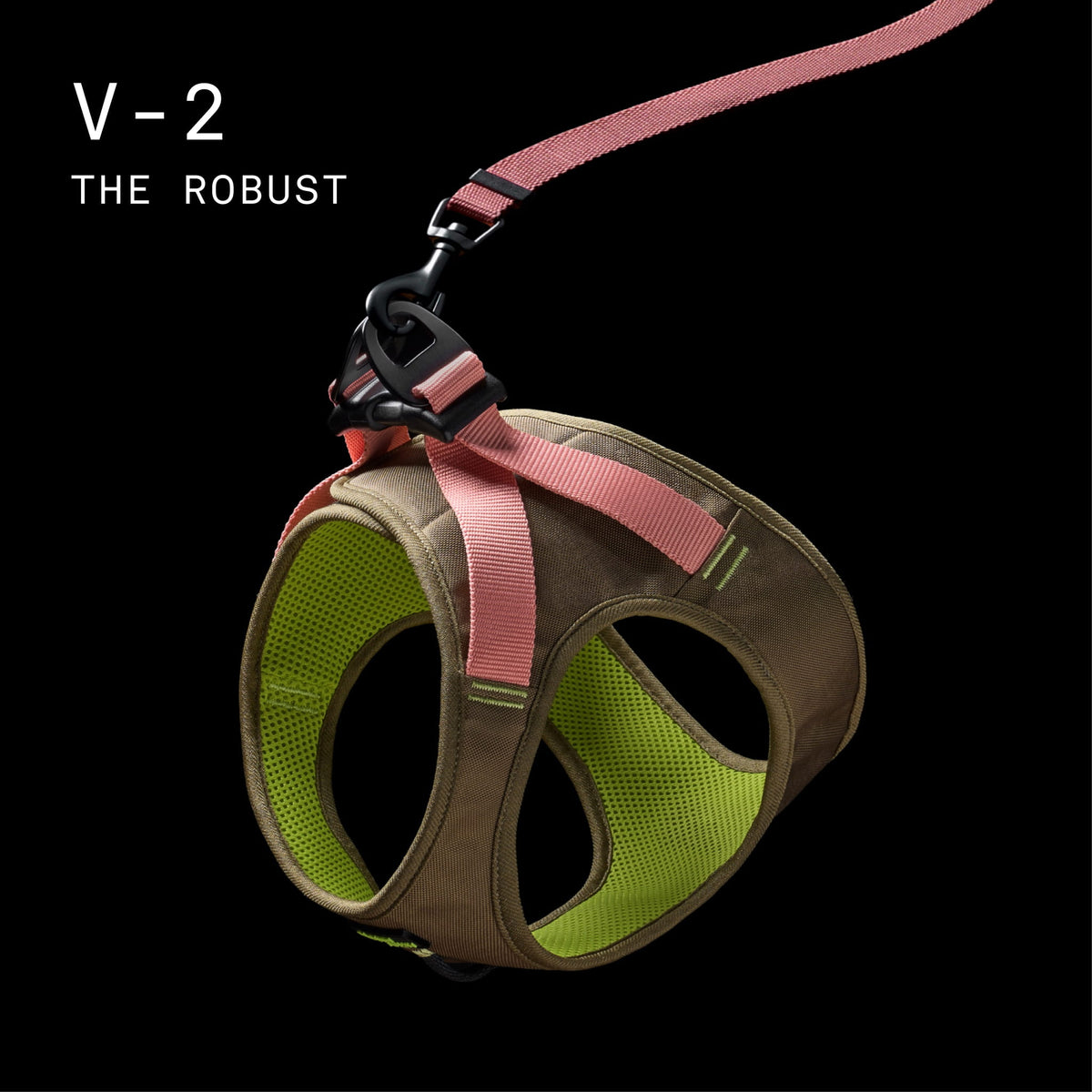 CLOUD7_ Vor einem schwarzen Hintergrund ist ein braun-grünes Haustiergeschirr mit rosa Riemen und einer passenden Leine abgebildet. Der weiße Schriftzug lautet „V-2 THE ROBUST.“.
