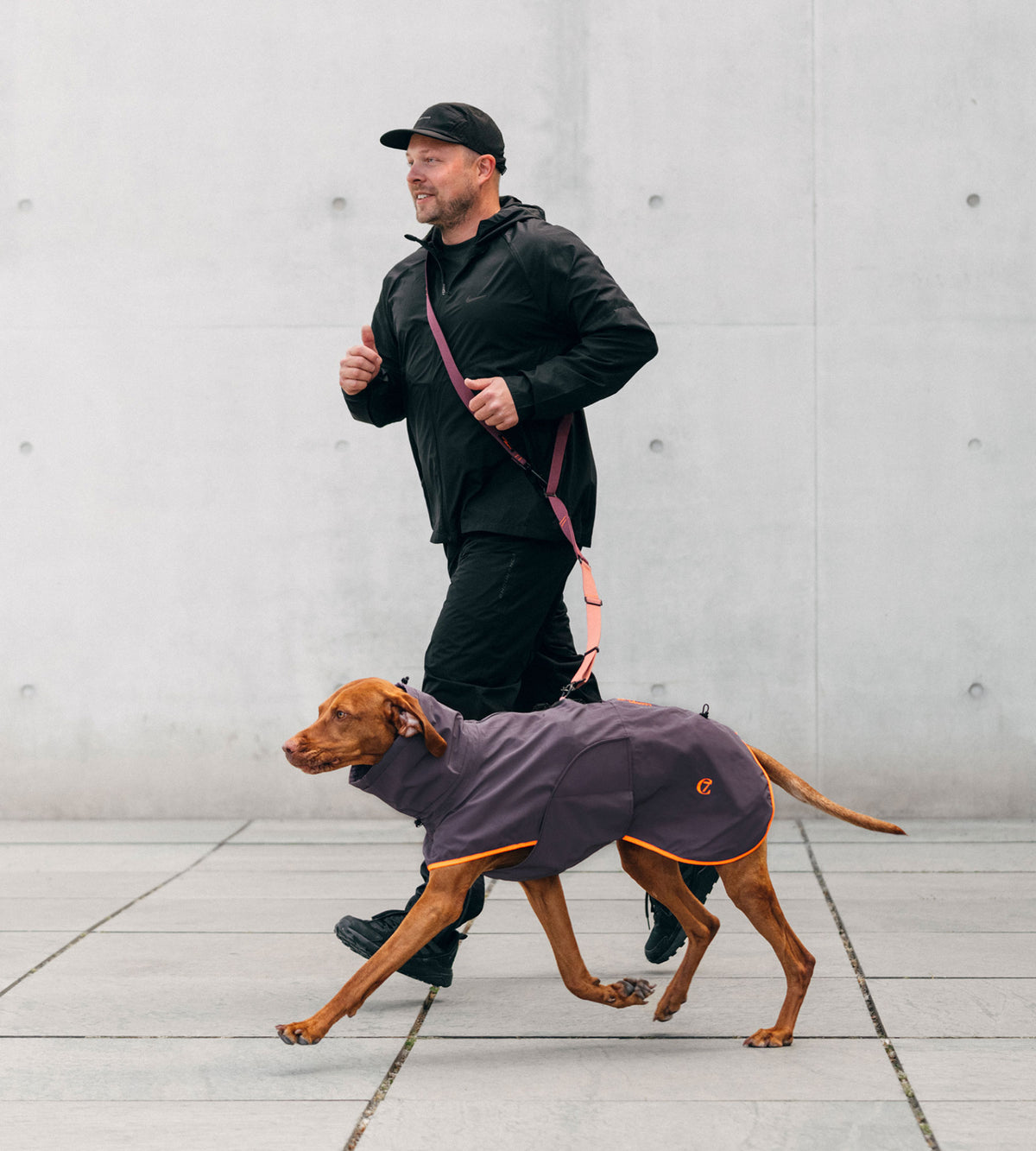 CLOUD7_ Eine Person in schwarzer Sportkleidung joggt auf einem Gehweg und hält dabei eine Leine fest, an der ein brauner Hund mit einer lila Jacke befestigt ist. Im Hintergrund ist eine schlichte graue Betonwand zu sehen.