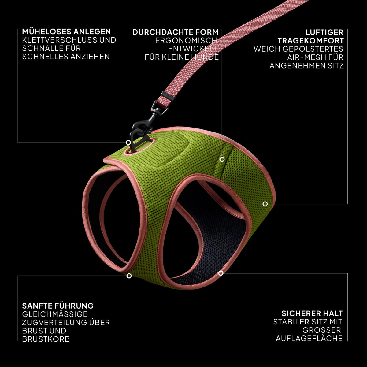 CLOUD7_ Ein grün-rosa ergonomisches Hundegeschirr mit auf Deutsch beschrifteten Merkmalen, darunter Klettverschluss, atmungsaktives Netzgewebe, bequeme Passform und sicherer Halt, abgebildet vor schwarzem Hintergrund.