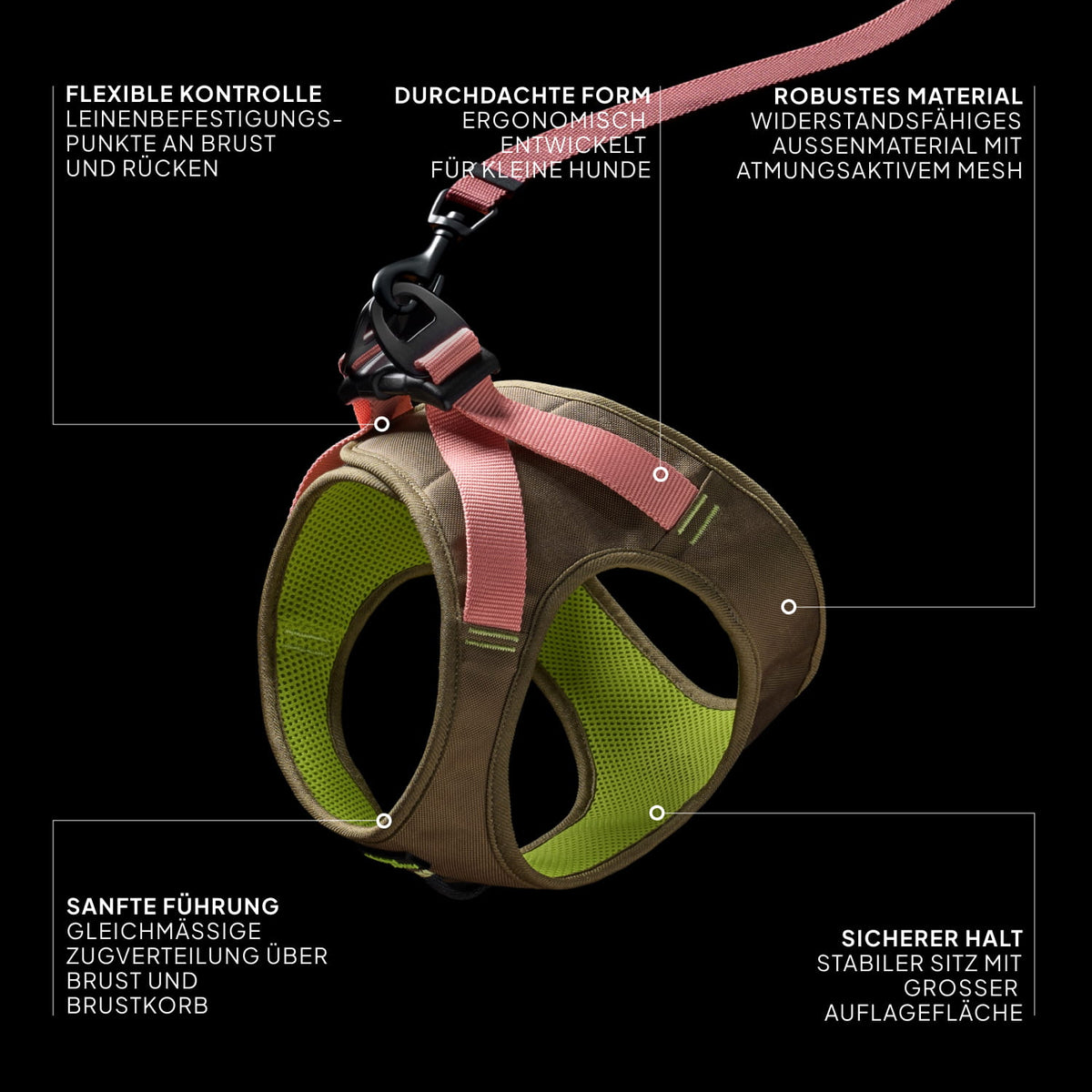 CLOUD7_ Vor einem schwarzen Hintergrund ist ein Hundegeschirr mit rosa und braunen Riemen und grünem Innenfutter zu sehen. Der deutsche Text hebt die ergonomische Form, das robuste Material, den sicheren Sitz, die flexiblen Leinenbefestigungen und die sanfte Führung hervor.