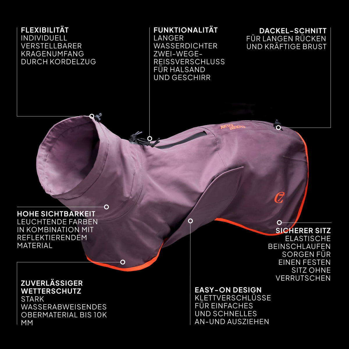 CLOUD7_ Ein lilafarbener Hundemantel mit orangefarbenen Verzierungen, auf dem detaillierte deutsche Textangaben und Pfeile zu sehen sind, die Eigenschaften wie Flexibilität, Wetterfestigkeit, Sicherheit, reflektierendes Material und ein bequemes Design hervorheben. Der Mantel wird vor einem schlichten schwarzen Hintergrund präsentiert.