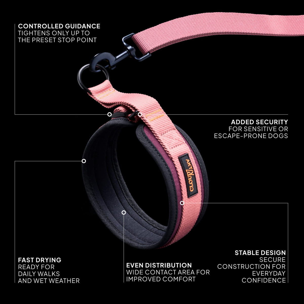 CLOUD7_ Ein rosa, gepolstertes Hundehalsband mit Leine, abgebildet vor schwarzem Hintergrund, wird mit folgenden Vorteilen beworben: kontrollierte Führung, zusätzliche Sicherheit, schnelle Trocknung, gleichmäßige Lastverteilung und stabiles Design für Komfort und Sicherheit.