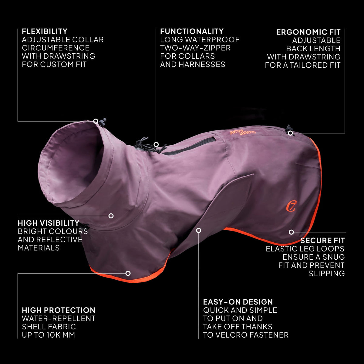CLOUD7_ Eine dunkelviolette Hundejacke mit orangefarbenen Akzenten, präsentiert an einer Schaufigur, umgeben von Text, der Eigenschaften wie Flexibilität, gute Sichtbarkeit, Wasserdichtigkeit, ergonomische Passform, sicheren Sitz, hohen Schutz und einfaches Anziehen hervorhebt.