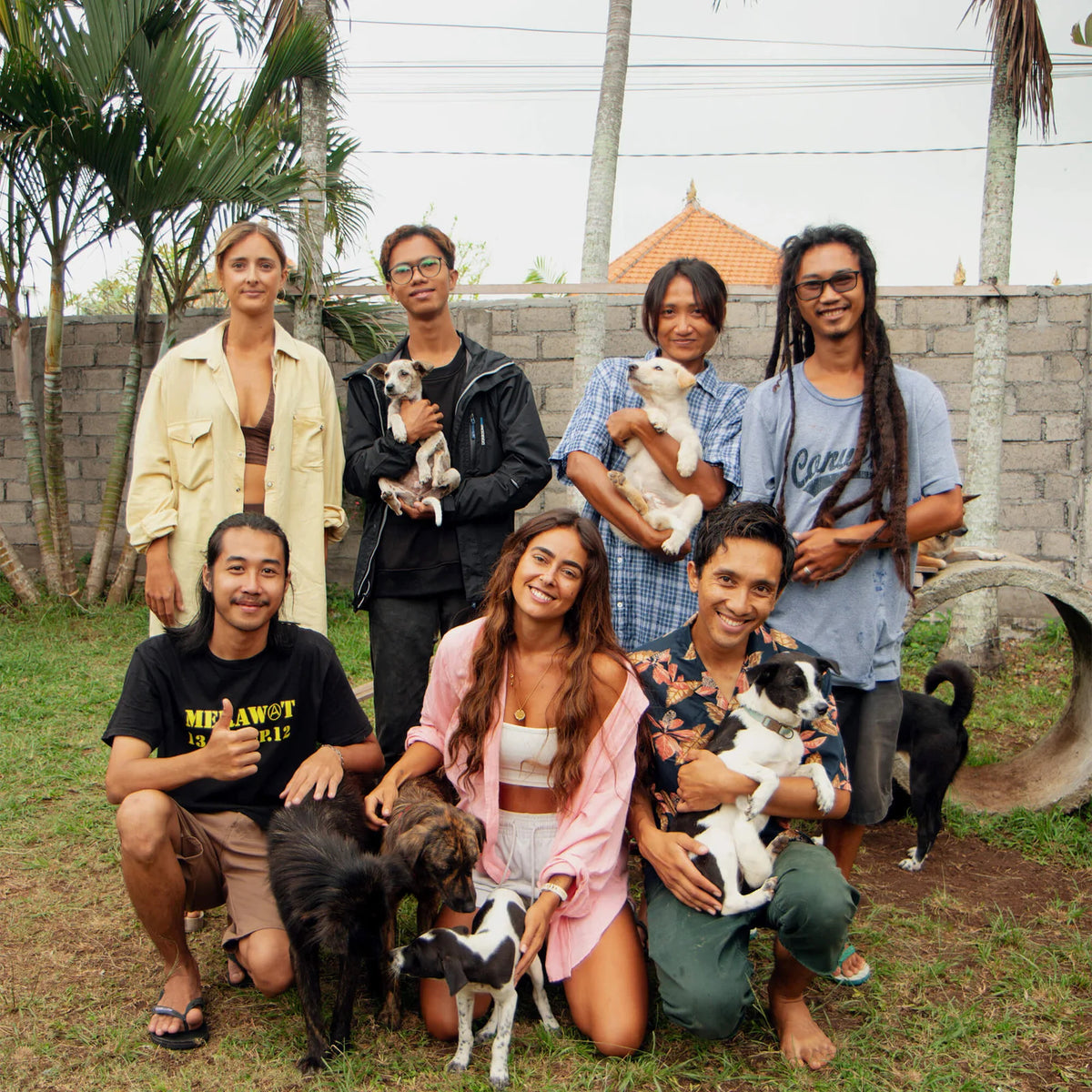 CLOUD7_ Acht Personen posieren im Freien mit mehreren Hunden auf einer Rasenfläche und lächeln in die Kamera. Im Hintergrund sind Bäume, eine Steinmauer und ein Gebäude mit Ziegeldach zu sehen.