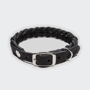 Hundehalsband „Central Park“ Schwarz-Silber, geflochtenes Leder mit Edelstahlring.